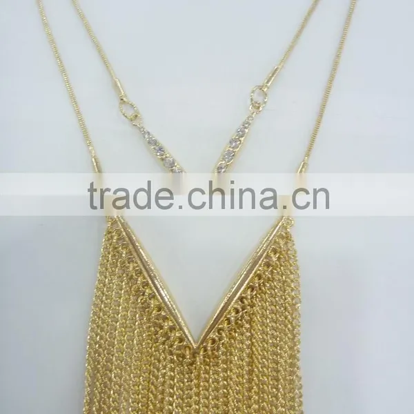 FASHION 2 LAYERED CHAIN TASSEL NECKLACE EARRING SET WITH CRYSTAL STONE photo-2