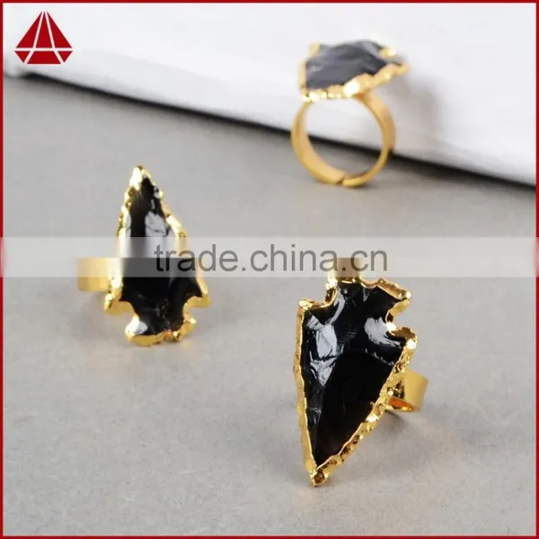 Natural Rough Black Obsidian Stone Arrowhead Ring Jewelry photo-5