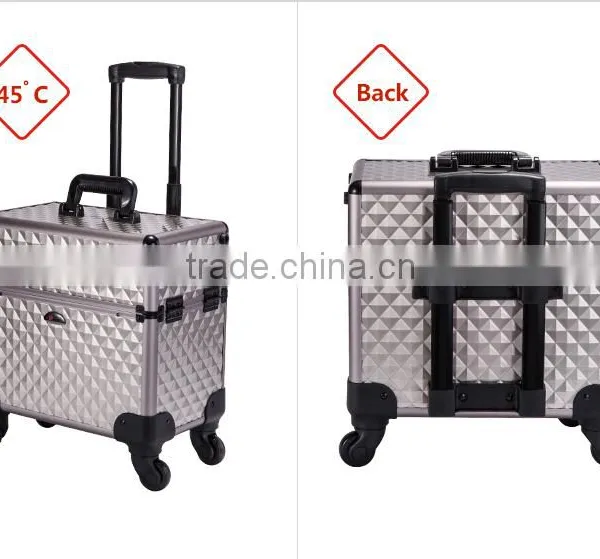 2016 Professional Portable Aluminum Trolley Makeup Case With Pull Strips Compartments Universal Wheel photo-3