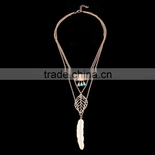 Latest Fancy Design Necklaces Jewelries Bohemia Style Three Tiny Turquoise Hollow Leaf Long Feather Multi Layer Necklaces photo-6