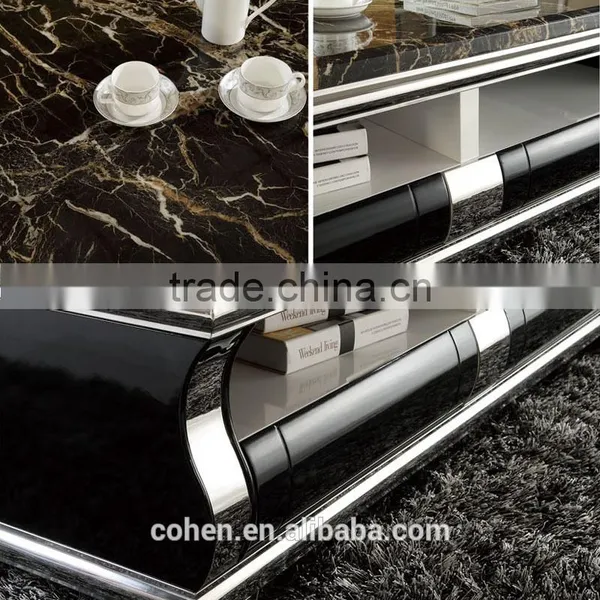 European High Gloss Face Stainless Steel Frame Coffee Table Set With Marble Top White photo-2