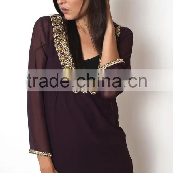 Beautiful Kurti Tunic Womens Embroidered Beach Tunic Tops Blouse Beaded Neckline Kurti for Girls Solid Cotton Viscose Long Beach photo-2