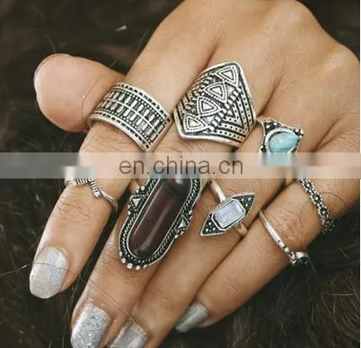 8 Pcs/set New Gold Retro Vintage Women Lady Gemstone Turquoise Jewelry Punk Rings Sets photo-2