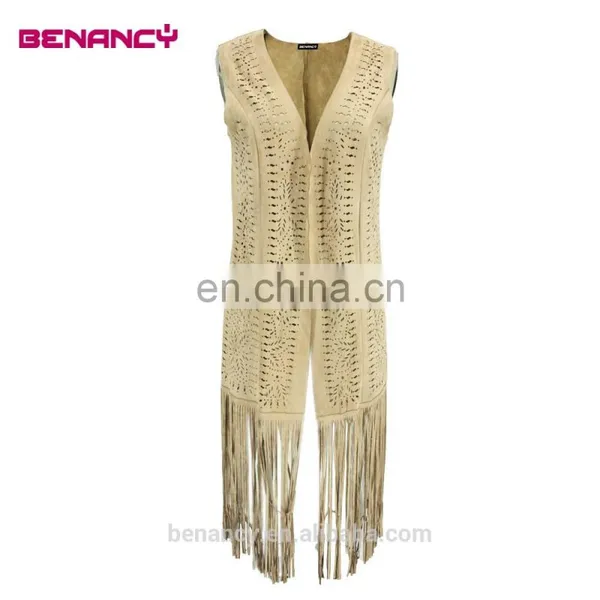 2017 Trendy Laser Cut Suede Kimono Poncho With Long Fringe photo-5