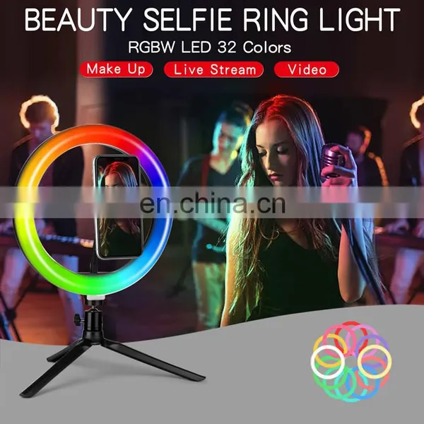 2020 New Arrival 10 Inch 32 Colour Dimmable LED Ring Light USB Selfie RGB Ring Light With Tripod Stand photo-6