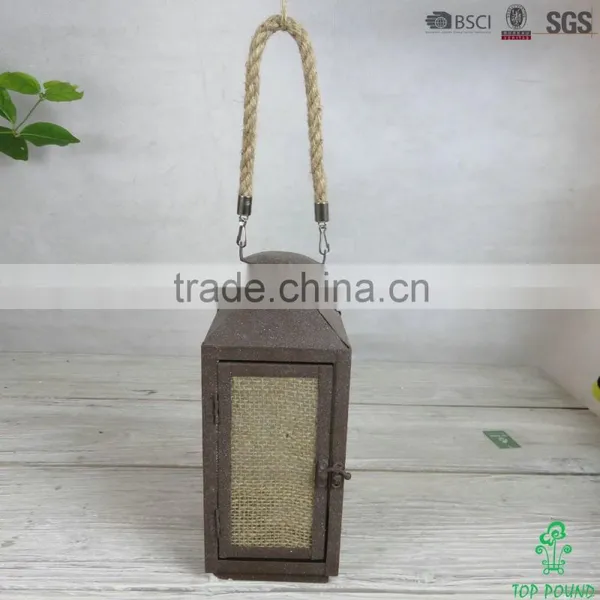 Square Rusty Metal Lantern With Jute Cloth and Jute Rope for Candle photo-2