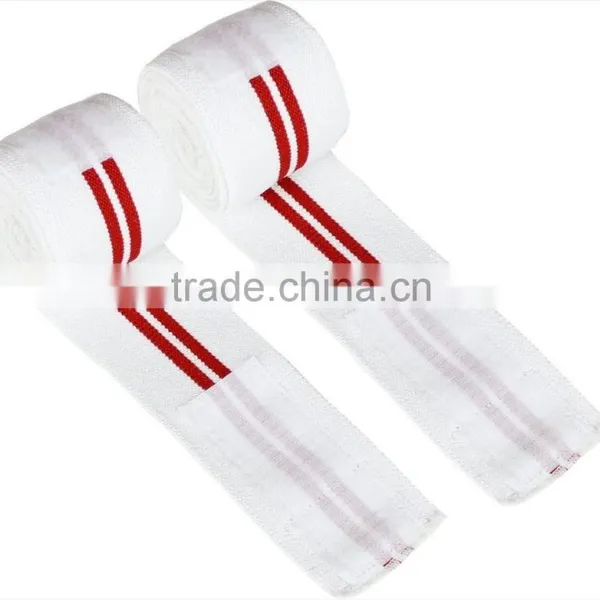 WHITE Knee Wraps With TWO RED STRIP / Heavy Duty Elastic Knee Wraps