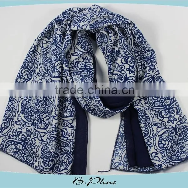 Blue Shabby Flower Scarf , Floral Silk Satin Scarf