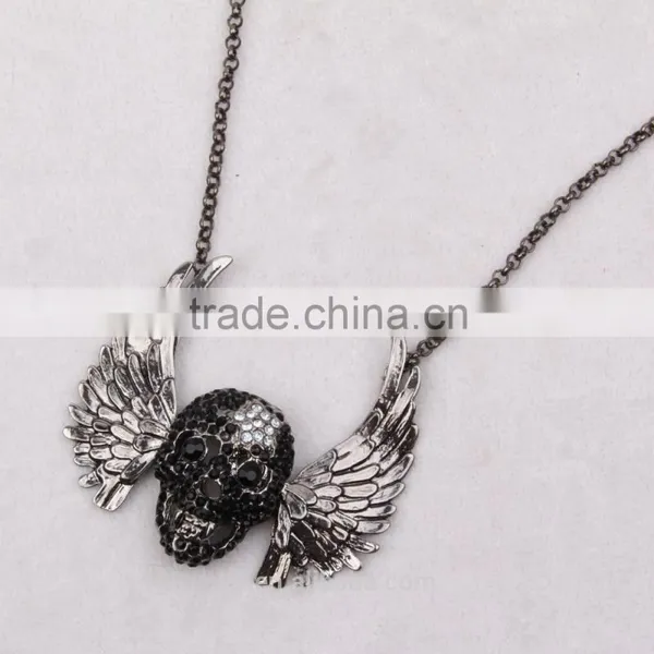 Hiphop Jewelry Halloween Necklace Punk Skull Pendant With Wings Sweater Chain Black Chrome Plated 2015 New Made in China Yiwu photo-3