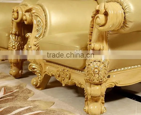 European Style Golden Color Wooden Hand Carved Living Room Leather Sofa Furniture Set(MOQ=1 SET) photo-4
