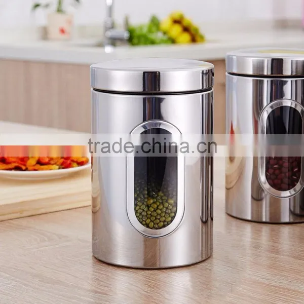 3pcs Round Stainless Steel Tea Coffee Sugar Canisters With Transparent Window photo-4