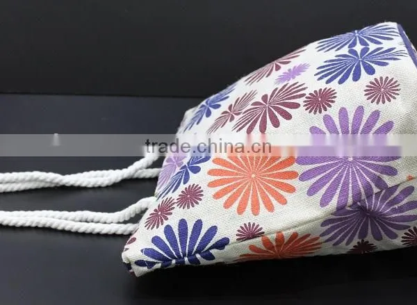 Flora Print Jute Beach Bag With Twisted Rope Handle & With Top Zip Closure photo-4