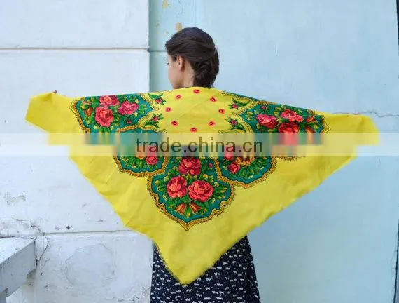 Vintage Ukrainian Shawl, Russian Floral Scarf ,russian Shawl, Floral Scarf, Head Scarf, Beautiful Shawl, Yellow, Babushka Russia photo-5