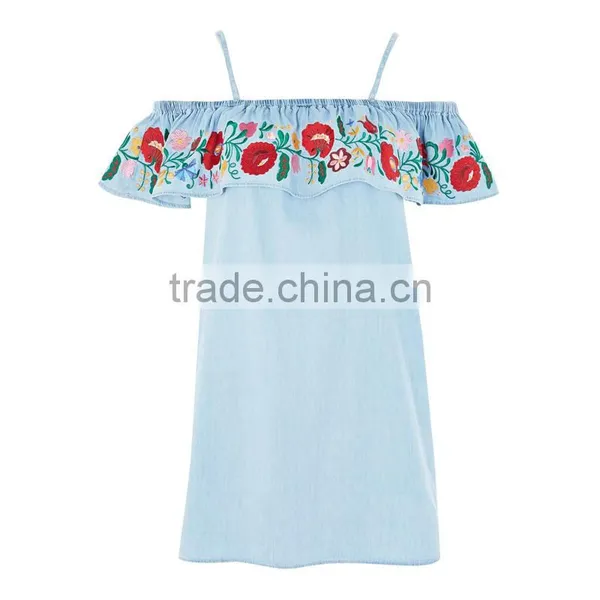 Denim Blue Embroidered New Pattern Clothes off Shoulder Short Jeans Dress Women photo-6