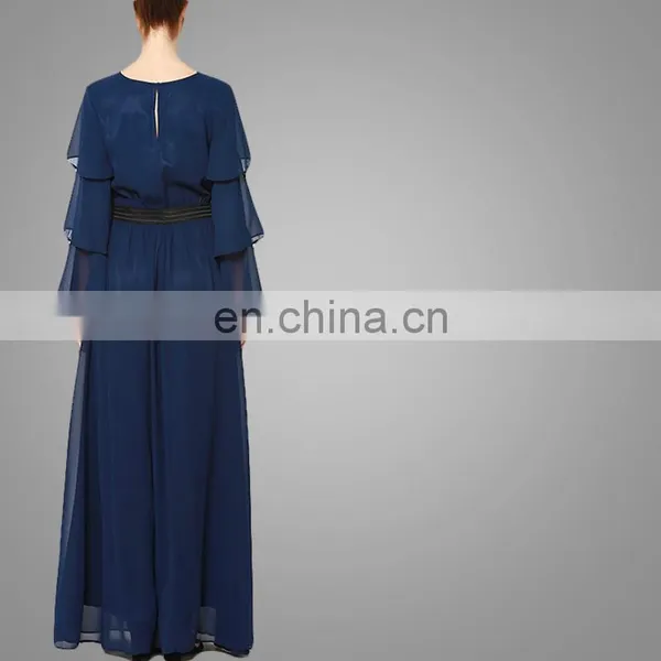 New Arrival Navy Blue Ruffled Sleeves Muslim Women Clothing Chiffon Maxi Dress photo-2