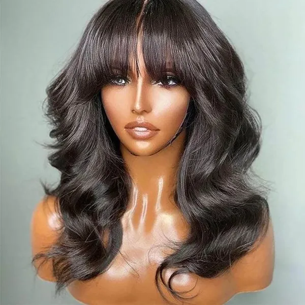 Long Bob Wig Loose Body Wave Wig With Bangs Brazilian Remy 100% Human Hair Wigs For Black Full Machine Glueless Wavy Bob Wigs