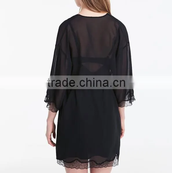 Wholesale Cheap 100% Ployester Long Sleeve Sexy Women Bride Black Sleep Bridal Chiffon Robes photo-2