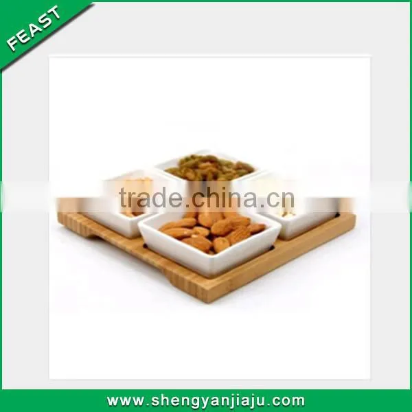 white porcelain snack dishes with bamboo tray, tapas dish set