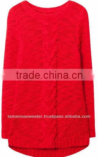 NEW DESING SCOOP NECK LONG SLEEVE CABLE KNITTED WOMEN'S SWEATER