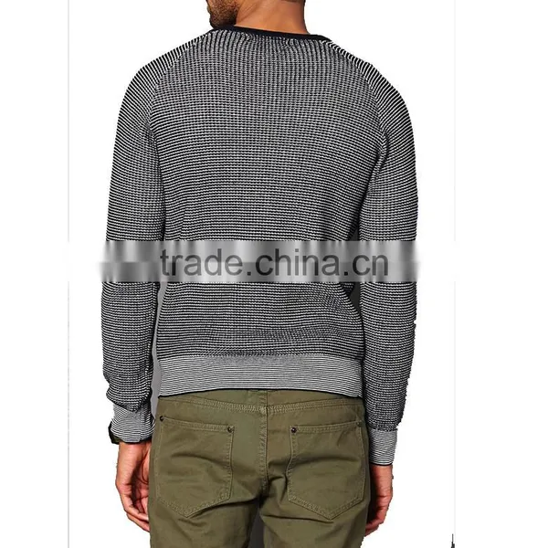 Raglan Long Sleeve Rib Knit Black Neckline Cotton Sweater Mens Striped Pullover photo-3