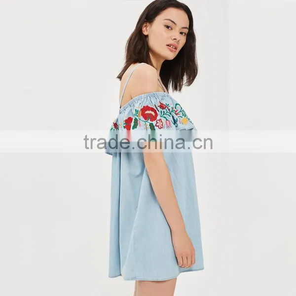 Denim Blue Embroidered New Pattern Clothes off Shoulder Short Jeans Dress Women photo-4
