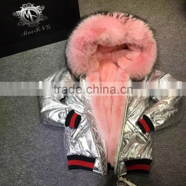 2017 Winter Fashion Sliver Leather Jacket With Pink Faux Fur Lined Leather Wear photo-2