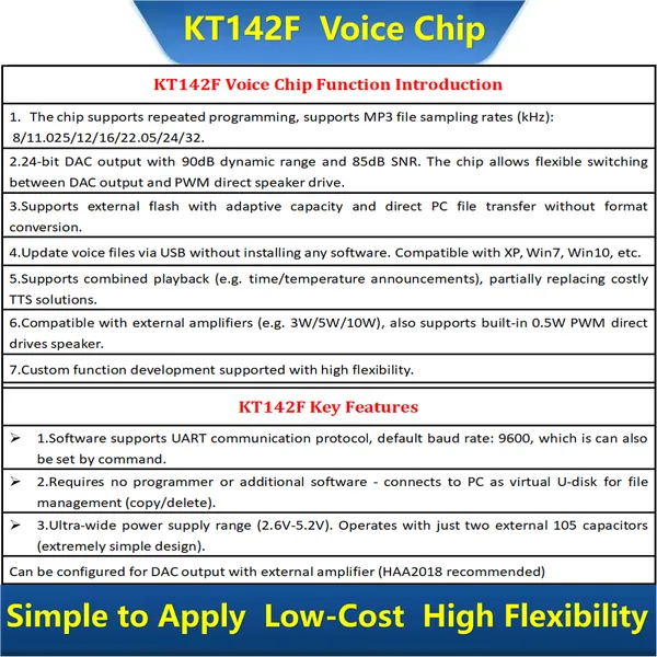 KT142F Voice Chip Sound Prompt IC Supports External SPI Flash Virtual as U-Disk Capacities Auto Adapts Serial Por Audio Combination Playback Insertion photo-3