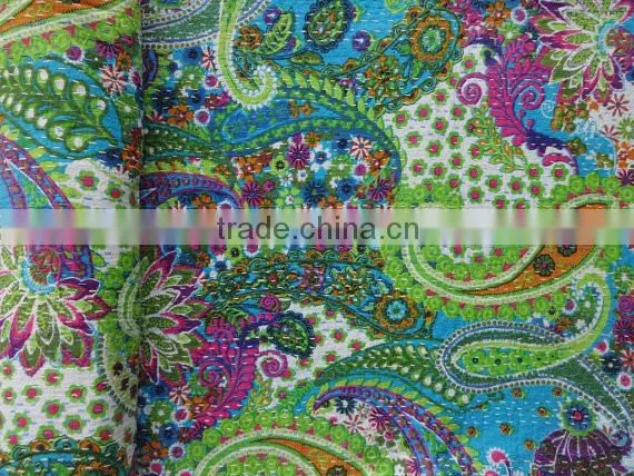 Blue Color Multi Print Paisley Cotton Bedspread, Decorative Queen Size Kantha Quilt, Reversible Indian Bed Cover, Designer Kanth photo-4