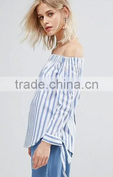 2017 Fashion Stripe And Tie Sleeve Off The Shoulder Top photo-2