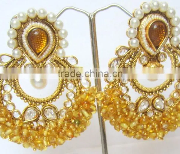 Golden Yellow Beads Polki Gold Tone Dangler EARRING Pair photo-3