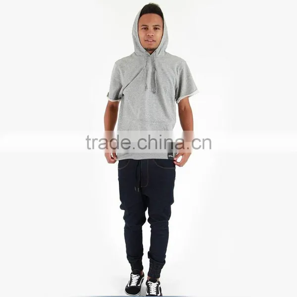 Cheap Black/grey Thin Fleece Blank Hoodie Short Sleeve Pullover Hoodie photo-4