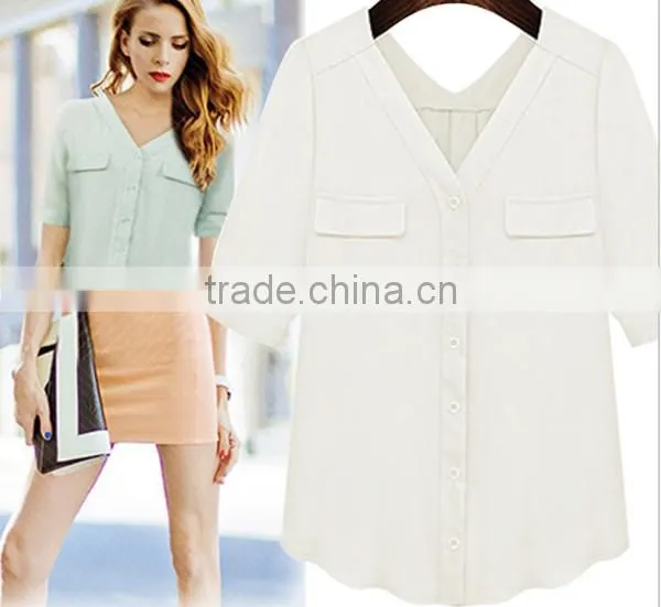 New Design 2 Colors Choice V Neck Short Sleeve Plus Size Women Chiffon Fabric Shirt photo-6