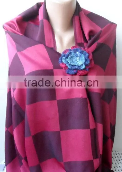 Burgundy Shawls With Rose, Plaid Pattern Scarf, Crochet Rose, Fashion Scarf, Plaid Pattern Scarf, Elegant, Bridesmaid Shawls, We photo-3