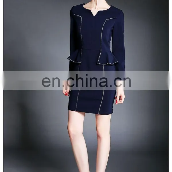 Ladies High Quality Navy Dress Above Knee, Peplum Waist Dress for Fall photo-4