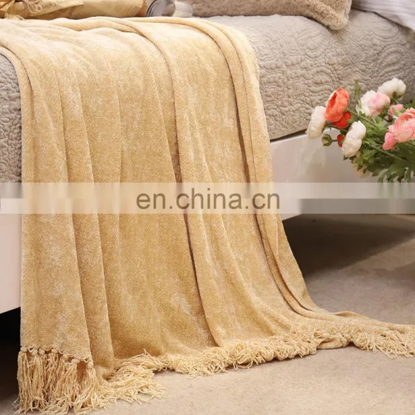 Best Quality Light Yellow Acrylic High Quality Blanket Jacquard Knitted Blanket With Tassels photo-4