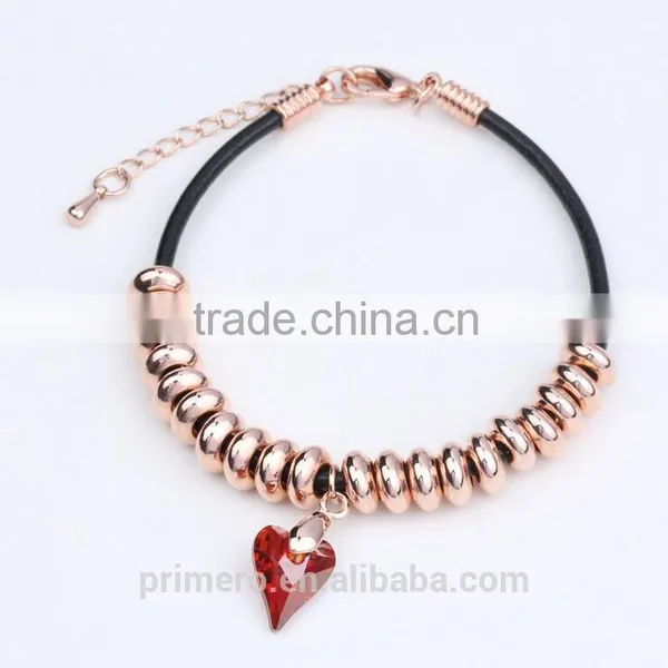 Fashion Austrian Crystal Plated Bracelets Leather Rope Heart Love Beads Bangles Jewelry photo-6