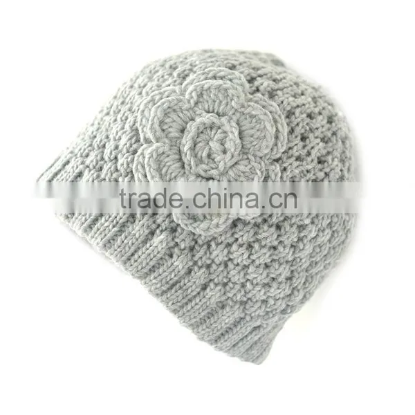 Grey Knit Hat With Crochet Flower for Girls