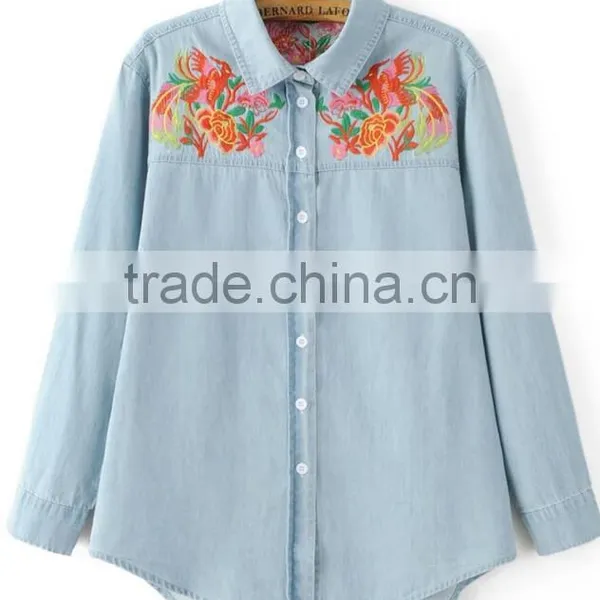 Runwaylover EY2349B Europe Style 2017 Ladies Embroidery Washed Denim Blouse photo-3