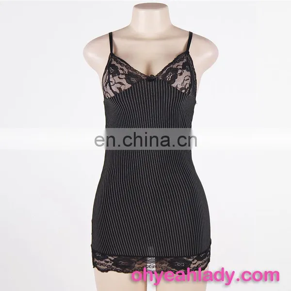 2017 Latest Sexy Short Vertical Stripe Lace Trim Nighty Designs photo-4