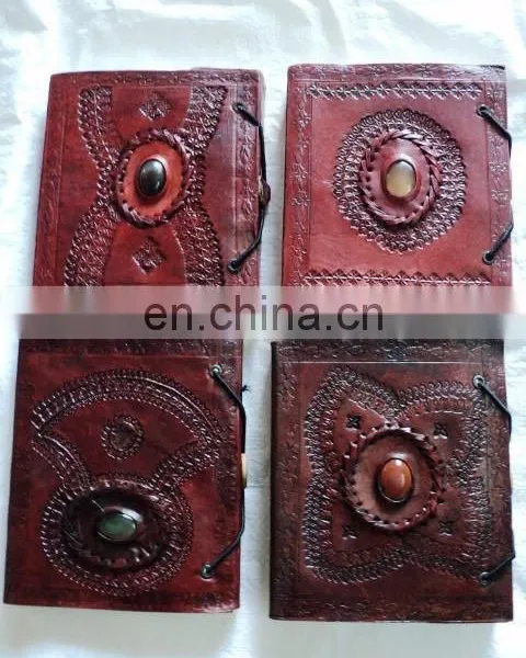 LEATHER COVERED WITH STONE NOTEBOOKS SET OF 3 PCS SET