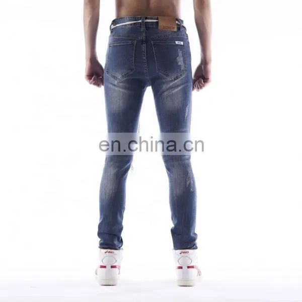 DiZNEW Custom Blue Stretchy Distressed Men Ripped Holes Biker Jeans photo-4