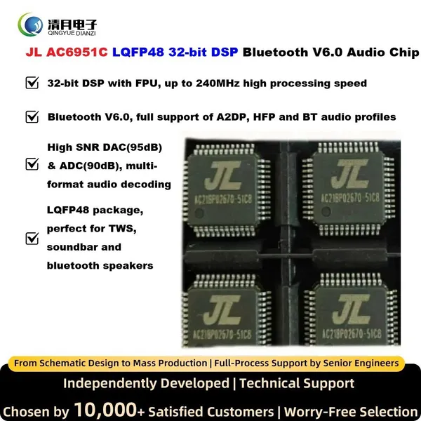 JL AC6951C LQFP48 32-bit DSP Bluetooth V6.0 Audio Chip 240MHz FPU DAC ADC Encoder Decoder For Bluetooth Speaker Soundbar TWS Speaker Alarm Clock Audio