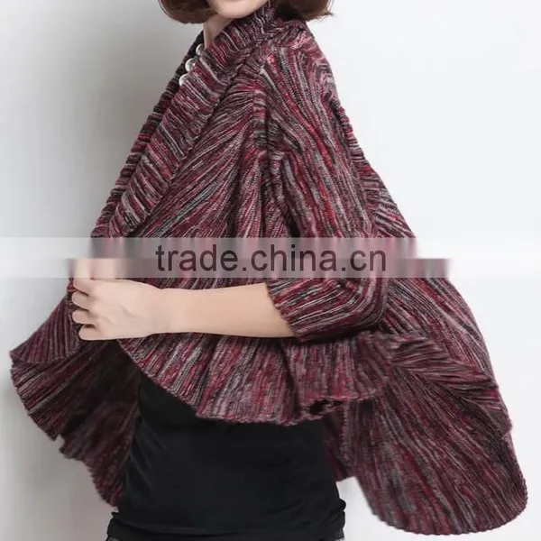 Fashion Lady Long Sleeves Ruffles New Casual Style Knitted Cardigan Poncho