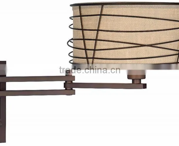 1031-1 Wire Cage Detail Surrounds a Burlap Shade a Rich Bronze Metal Swing Arm Wall Lamp photo-4