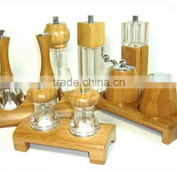 Salt Pepper Mill Grinder Spice Jar Rack Set With Bamboo or Wooden Shell Body and Glass or Acrylic Bottle Ceramic or Alloy Core