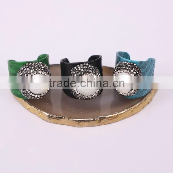 Natural Freshwater Pearl Ring, Snakeskin Rings, Pave Setting Crystal Jewelry Finger Gemstone Fashion Ring photo-5