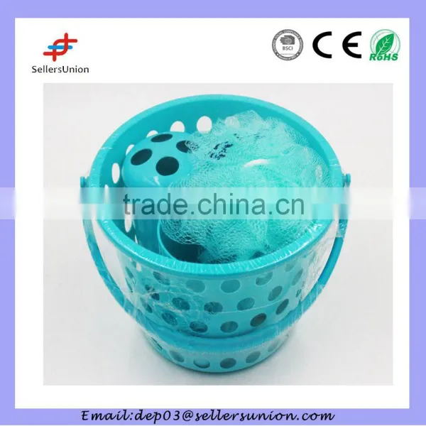 Tooth Brush Holder, Mesh Ball, Soap Box in Round Basket