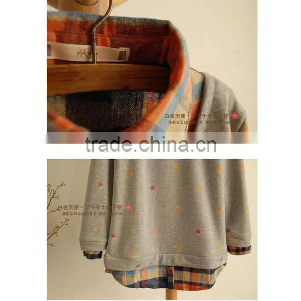 Spring and Autumn Lovely Printed Fake 2pcs Long Sleeve Blouse Designs Fashion Women Plaid Shirt photo-6