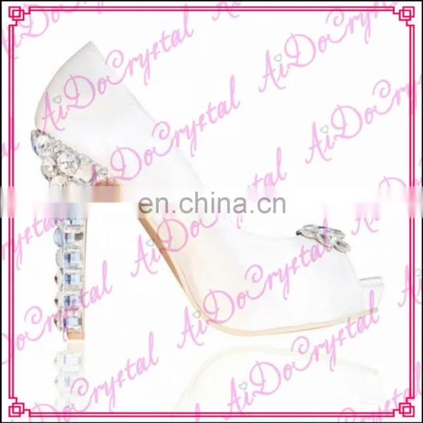Aidocrystal Hot Sale Real Leather High Heels Peep Toe Rhinestone White Clear Wedding Shoes