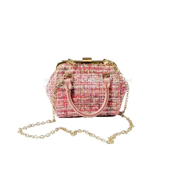 Low MOQ Factory Female Handbag Small Size High Quality Metal Frame Hand Hold Women Tweed Chain Bags photo-4
